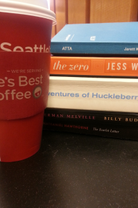 stack of books & coffee cup