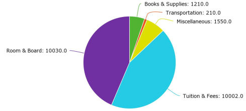 Chart: Books & Supplies $1210; Transportation $210; Miscellaneous $1550; Tuition & Fees $10002; Room & Board $10030