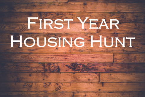wood floor; text overlay: First Year Housing Hunt